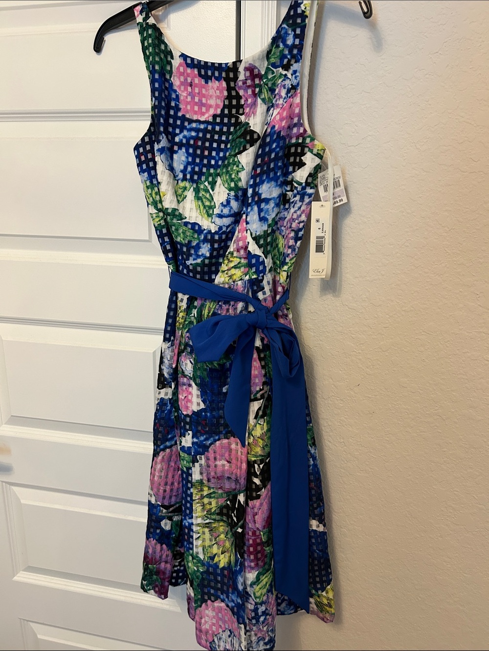Eliza J Blue Gingham Floral Fit-and-Flare Dress with Removable Tie